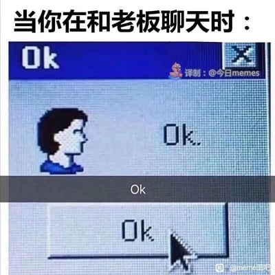 这张meme图以复古像素风格的电子界面为载体，顶部配文“当你在和老板聊天时：”，精准刻画了职场打工人和老板沟通时的真实状态。界面中重复出现多个“Ok”字样，搭配侧头、面无表情的像素人物，生动还原了员工面对老板时，内心充满应付与拘谨，却只能用简单的回应来维持表面顺从的职场社交场景，用重复的视觉元素放大了打工人在上下级沟通中的无奈与压抑感，引发职场群体的共鸣。
