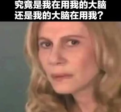 图片显示一位表情困惑的金发女性，上方配有哲学性问题文字：'究竟是我在用我的大脑还是我的大脑在用我?'，引发关于自我意识和大脑控制的思考。