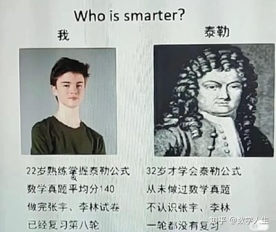 这是一张考研数学圈的搞笑梗图，采用左右对比的形式，将当代备考考研数学的学生（标注为“我”）与提出泰勒公式的数学家泰勒进行反差对比：<br>- 左边的“我”：22岁就熟练掌握泰勒公式，数学真题平均分140，刷完考研名师张宇、李林的试卷，已经完成第八轮复习；<br>- 右边的泰勒：32岁才学会自己提出的泰勒公式，从未做过数学真题，不认识张宇、李林，一轮复习都没进行过。<br>通过这种错位的对比制造强烈的反差感，调侃考研数学的高强度复习模式，以及考生与公式提出者之间的趣味错位，引发备考学生的共鸣。