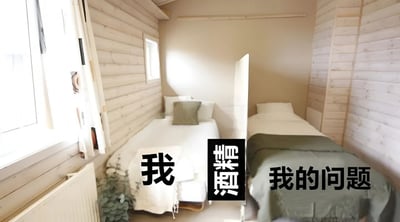 一间木质结构的小房间内摆放着两张单人床，左侧床铺铺有白色床单和绿色枕头，标注“我”；中间隔断处标注“酒精”；右侧床铺铺有白色床单和绿色被子，标注“我的问题”。通过双床与中间“酒精”的布局，幽默地表现出酒精是连接“我”和“我的问题”之间的元素，带有自嘲和无奈的意味。