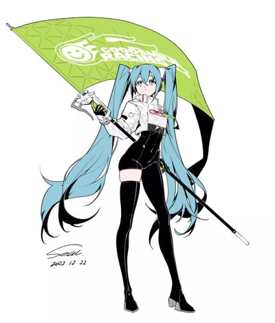这是一幅初音未来的原创同人插画，呈现的是GoodSmile Racing（GSR）的赛车初音形象。角色有着标志性的冰蓝色双马尾长发，身穿白黑配色的机能风赛车制服，制服上带有GSR相关标识，手持一把印有"GOODSMILE RACING"字样和GSR经典笑脸标志的绿色遮阳伞，伞面还有几何纹理装饰。角色表情平静，站姿挺拔，长发自然飘动，整体画风线条干练利落，配色清爽明快，充满酷飒的动感。画面左下角有作者签名“Seal”和创作日期“2022.12.22”。