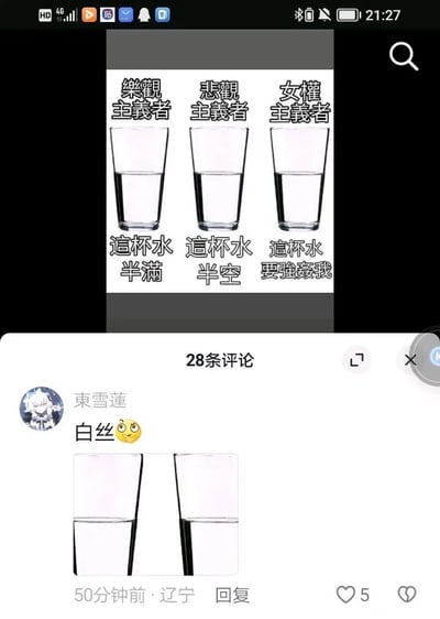 这是一张竖屏格式的社交媒体截图，分为上下两个部分。上半部分是改编自经典半杯水心态的梗图，三个相同的装有半杯水的玻璃杯，分别对应乐观主义者、悲观主义者、女权主义者的看法：乐观主义者认为‘这杯水半满’，悲观主义者认为‘这杯水半空’，而女权主义者的配文为‘这杯水要强奸我’，利用夸张的表述制造荒诞笑点。下半部分是该梗图的一条用户评论，用户‘東雪蓮’发布文字‘白丝😜’，同时配上将两个半杯水玻璃杯的轮廓视觉错看成穿着白丝的大腿的图片，属于二次玩梗，这条评论发布于辽宁，50分钟前发布，获得了5个点赞。