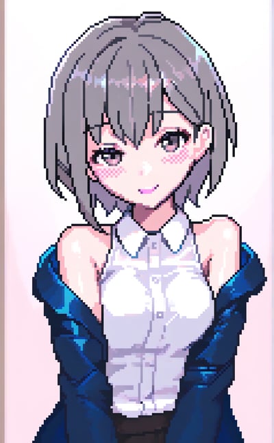 A cute pixel art illustration of an anime-style girl with short gray hair, large purple eyes, and pink blush on her cheeks. She's wearing a white sleeveless collared shirt with a blue jacket slipping off her shoulders, giving her a shy yet charming appearance. The background features a soft gradient from white to light pink, making the character stand out.