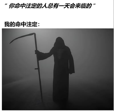 图片上方配有文字“你命中注定的人总有一天会来临的”，下方紧接着“我的命中注定：”，并配有一张黑白阴森的图片。图中是一个身披黑色斗篷、面部被阴影笼罩的死神形象，他手持一把长柄镰刀，站立在雾气弥漫的灰暗背景中。通过将浪漫的“命中注定”概念与象征死亡的死神进行反差结合，形成一种黑色幽默的效果，调侃了对“命中注定之人”的期待。