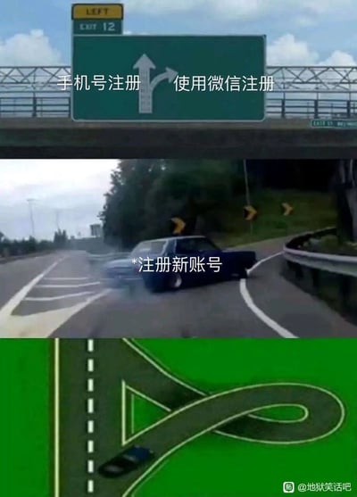 这是一张由三部分拼接而成的搞笑吐槽梗图，第一部分展示了一块高速路指示牌，直行方向标注“手机号注册”，右转方向标注“使用微信注册”；第二部分是一辆汽车在岔路口失控打滑，车身旁标注“*注册新账号”；第三部分是路线示意图，显示车辆行驶了一个复杂的绕圈路线。整张图用夸张的画面调侃当下许多网络平台注册新账号时，无论选择哪种注册方式，流程都极为繁琐复杂，如同车辆失控绕路一般，让用户体验糟糕，充满了无奈的幽默感。