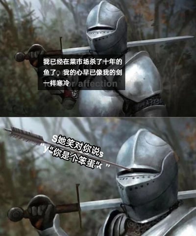 这是一张上下拼接的对比式搞笑梗图，上图展示了一位身着全套银色盔甲的骑士，将长剑扛在肩头，配文塑造出他自称在菜市场杀鱼十年、内心如剑般冰冷的冷漠人设；下图中，一支由英文和中文文字组成的“箭矢”射中了骑士的面罩，配文为“她笑对你说‘你是个笨蛋’”，通过这种画面和文字的反差，表现出这位自称内心冷漠的骑士在听到带有亲昵感的话语后瞬间“破防”的状态，用夸张的方式演绎出外表冷漠的人在面对在意之人的温柔话语时的内心波动，充满恋爱向的搞笑反差感。