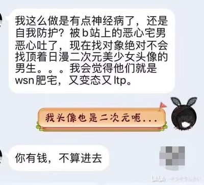 这是一段充满讽刺感的聊天记录截图：一位用户表示因被B站部分男性冒犯，形成了「用日漫二次元美少女头像的男生都是wsn肥宅、恋童癖」的刻板印象，绝不会和这类人交往；当另一位用户指出自己也是二次元头像时，前者立刻改口称「你有钱，不算进去」，直白地调侃了现实中金钱能打破刻板印象的双标现象。