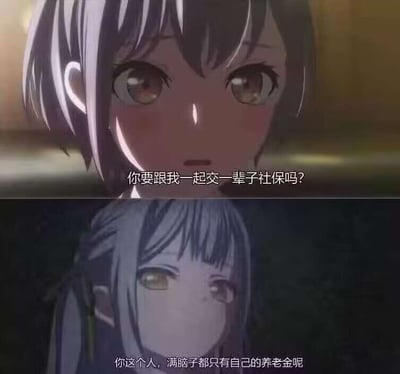 上下对比的动漫风格图片，上方是一位短发少女，脸红羞涩地直视前方，下方是一位长发少女，表情略带无奈地侧视。上方图片配有文字“你要跟我一起交一辈子社保吗？”，下方图片配有文字“你这个人，满脑子都只有自己的养老金呢”。通过将浪漫表白场景与现实的社保、养老金话题结合，形成幽默反差效果。