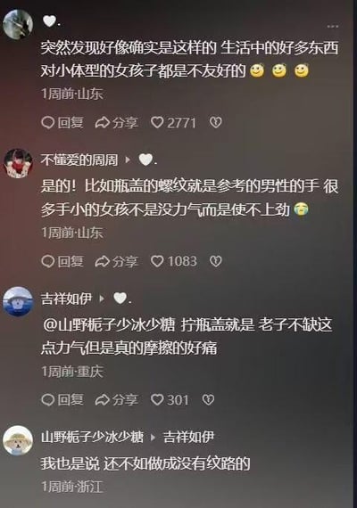 社交媒体评论截图，展示用户讨论生活中对小体型女孩不友好的设计。首条评论提出生活中诸多事物对小体型女孩不友好，获2771赞；后续回复举例瓶盖螺纹参考男性手型，导致手小女生难以拧开或感到疼痛，获1083赞等。用户来自山东、重庆、浙江等地，反映了普遍的使用困扰。