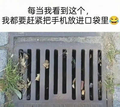 图片上方配有文字'每当我看到这个，我都要赶紧把手机放进口袋里😂'，下方是一张实拍的金属排水口照片，排水口缝隙中夹杂着落叶和杂物。通过幽默的方式表达了人们看到类似排水口等可能导致手机掉落的缝隙时，下意识保护手机的反应。