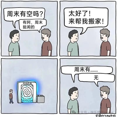 这是一张四格漫画梗图，讲述了主角用时间机器回到过去逃避帮朋友搬家的搞笑故事。第一格朋友询问周末是否有空，主角回答有空；第二格朋友邀请帮忙搬家；第三格主角走向时间机器；第四格回到过去，朋友刚开口问周末是否有空，主角立刻拒绝。整体风格幽默，通过夸张的时间机器元素表现逃避帮忙的心态。