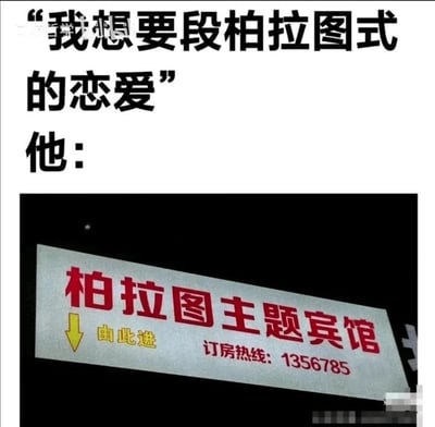 这是一张上下结构的图文混排搞笑梗图，上方是黑色文字：“我想要段柏拉图式的恋爱”，紧接着用“他：”引出下方的实拍招牌图。下方的实拍图是夜晚的“柏拉图主题宾馆”招牌，招牌上用红色大字写着名称，左侧有黄色箭头和“由此进”的黄色文字，右下角标注着红色的订房热线1356785。这张图利用了“柏拉图式恋爱”的概念反差制造笑点：原本柏拉图式恋爱指的是追求精神共鸣、不涉及肉体接触的恋爱模式，而图中用“柏拉图主题宾馆”的招牌回应，将精神恋爱的概念错位指向现实中的住宿场所，形成幽默的反差，调侃了部分人对恋爱的实际诉求与字面概念的偏差，是典型的网络玩梗内容。