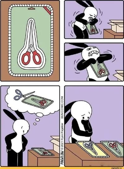 四格漫画展示了一只兔子与剪刀包装的搞笑互动：第一格呈现绿色背景的包装中放着一把红色剪刀；第二格兔子正用力撕扯包装，表情狰狞痛苦，身体因用力而颤抖；第三格兔子单手叉腰，头顶气泡中浮现剪刀包装的图案，陷入沉思；第四格兔子趴在桌子上，面前摆放着多个未开封的剪刀包装，神情沮丧无奈。