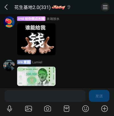 这是一张名为“花生基地2.0(331)”的即时通讯群聊截图，群成员“给你倒点水喝”（LV62）发送了一张带有“谁能给我钱”文字和摊开双手的表情包，直白表达想要钱的诉求；随后群成员“Lumiel”（LV6青铜）回复了一张经过P图改编的恶搞钞票图片，钞票上印有名人阿道夫·希特勒的肖像，标注面额为500,000 MARKKA，以此对前者的求钱诉求做出趣味回应，整体是群友间轻松搞笑的日常互动内容。