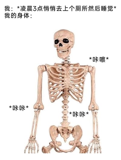 这是一张充满趣味的生活类梗图，通过图文结合的方式展现了很多人都有过的真实体验：上方文字设定场景为“凌晨3点想要悄悄去上厕所然后继续睡觉”，下方用一个骷髅形象来代表“我的身体”，并在骷髅的颈部、手臂、脊柱等关节位置标注了“*咔嚓*”“*咔咔*”的拟声词，用夸张且形象的方式调侃人在深夜凌晨起身时，身体关节会不自觉发出声响，打破了想要安静的小心思，精准戳中大众的生活小尴尬，以搞笑的方式引发共鸣。