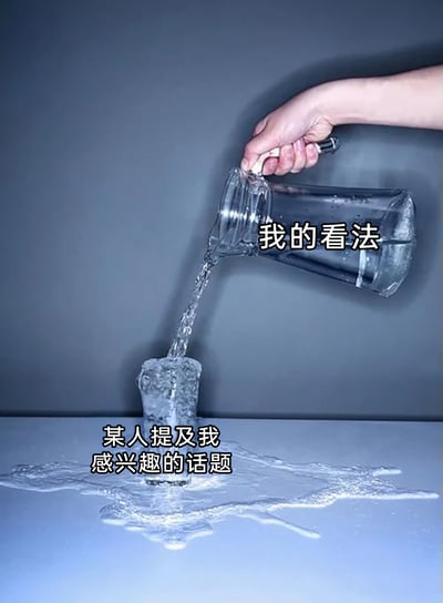 这是一张充满趣味的吐槽类梗图，采用视觉错位的创意构图：画面上方一只真人的手握着标注有“我的看法”的透明玻璃水壶，正向下倾倒清水；画面下方的桌面有一处视觉错觉区域，看起来像是一个杯子，但实际上是桌面的一部分，导致倾倒的水全部洒落在桌面上，该区域标注着“某人提及我感兴趣的话题”。整个场景生动形象地比喻了当他人聊到自己感兴趣的话题时，自己满心想要表达的看法，却像倒进‘假杯子’的水一样，完全无法被有效承接，精准吐槽了社交表达中的无力与无奈感。