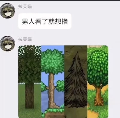 这是一段社交媒体聊天记录截图，用户「拉芙喵」先发送文字「男人看了就想撸」制造歧义悬念，随后发出四张来自不同像素类生存/模拟游戏的树木图片，玩了谐音梗——「撸」在这里是双关语，既带有容易让人误解的日常含义，又指代像素游戏中玩家频繁进行的砍伐树木操作（俗称「撸树」），精准戳中这类游戏玩家的日常操作，搞笑又充满共鸣。

谐音梗说明：「撸」双关，一方面是容易产生歧义的表述，另一方面指代像素游戏里玩家砍伐树木的操作。