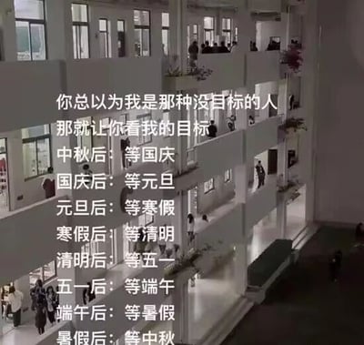 这是一张顶配底文图，背景为原始拍摄的多层教学楼场景，楼内可见不少学生模样的人在楼道、窗边活动，还原了真实的校园日常环境。图片上方覆盖了一段白色的吐槽文字，内容为：“你总以为我是那种没目标的人，那就让你看我的目标：中秋后：等国庆；国庆后：等元旦；元旦后：等寒假；寒假后：等清明；清明后：等五一；五一后：等端午；端午后：等暑假；暑假后：等中秋”。这段文字以循环往复的假期期盼，幽默吐槽了学生群体（也可延伸至职场人群）将盼假期作为日常“目标”的心态，内容充满共鸣感，用戏谑的方式展现了人们在日常学习工作中盼假期的普遍心理，没有双关、谐音梗或暗示内容。