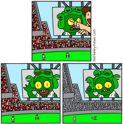 三格连环漫画描绘了体育场内的搞笑场景。第一格中，一名观众兴奋地指向大屏幕，屏幕上显示着一个有着多个小脑袋的绿色怪物，怪物表情惊讶。第二格特写怪物，它瞪大黄色眼睛，张开嘴巴露出尖牙，一只小手挥舞着，显得非常激动，此时观众席坐满了红色观众。第三格中，怪物表情变得愤怒，一只手做出抓握动作，而观众席的人群全部变成了灰色，一名观众正惊慌地逃离现场。