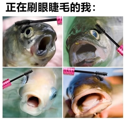 图片上方配有文字“正在刷眼睫毛的我：”，下方是四张拼接的鱼类特写照片。每张照片中都有一条鱼张着嘴，一只手持粉色手柄的睫毛膏刷正在其眼睛附近“刷睫毛”，通过拟人化手法将鱼类表情与女生刷睫毛的场景结合，营造出幽默搞笑的效果，调侃化妆过程中的有趣瞬间。