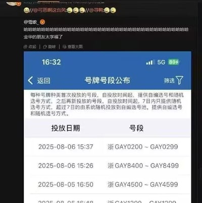 这张图是社交平台分享截图，顶部可见用户转发链，用户@零歌_发布了大串笑声文字，调侃“金华的朋友太享福了”，下方附带交管服务平台的号牌号段公布页面截图，显示浙江金华在2025年8月5日、6日分批投放了多组“浙GAY”开头的车牌号段，因“GAY是男同性恋的英文俗称”这一巧合的字母组合，引发网友觉得滑稽好笑。