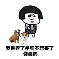 图片中是一个有着黑色短发的卡通人物，面带微笑，身旁牵着两条狗（一条棕白色，一条白色小型犬）。下方配有文字“我爸养了条狗不想要了 你要吗”，整体风格轻松幽默，通过生活化的场景和对话营造出诙谐的氛围，常用于朋友间调侃或轻松互动。