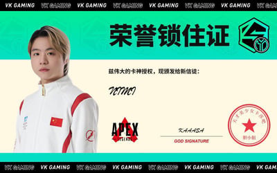 一张游戏主题的荣誉证书风格图片，左侧为一位金发人士身着印有中国国旗的白色运动夹克，背景上半部分为绿色渐变并重复'VK GAMING'字样，中央醒目大字'荣誉锁住证'。下方文字内容为'兹伟大的卡神授权，现颁发给新信徒：'，配有手写体签名'7emeo'、'APEX LEGENDS'游戏标志、'KAHASA'名称及'GOD SIGNATURE'字样，右下角红色印章刻有'天才美少女卡莎吧 胆小姐'。整体设计融合了游戏元素与证书形式，视觉风格正式且带有粉丝社群特色。