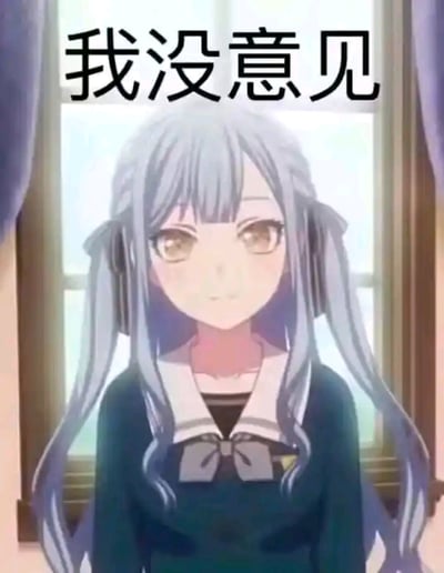 图片中是一位有着银白色双马尾的动漫女孩，她穿着深蓝色的校服，领口为白色，系着灰色蝴蝶结，表情平静地站在窗户前，背景有自然光透过窗户洒入。图片顶部有醒目的黑色文字“我没意见”，整体给人一种中立、不发表看法的感觉。