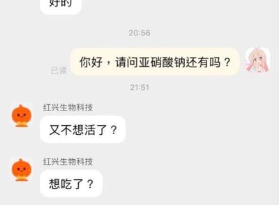这是一段用户与名为“红兴生物科技”的商家的聊天记录截图。用户先发送“好的”，之后询问“你好，请问亚硝酸钠还有吗？”，商家则回复“又不想活了？”“想吃了？”。由于亚硝酸钠是有毒的化学物质，食用会危及生命，商家用调侃的方式点出该物品的危险性，形成了搞笑的对话反差。