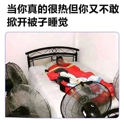 图片上方有黑色文字“当你真的很热但你又不敢掀开被子睡觉”，下方是一张照片：一个人躺在床上，盖着红色的被子，周围摆放着多台电风扇对着自己吹风，呈现出既热又不敢掀开被子的矛盾状态，带有幽默和无奈的氛围。