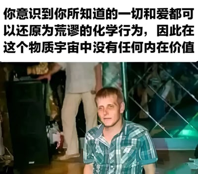 图片上方为黑色加粗文字：'你意识到你所知道的一切和爱都可以还原为荒谬的化学行为，因此在这个物质宇宙中没有任何内在价值'，表达了一种将情感与认知简化为化学过程的虚无主义观点。下方是一张真人照片，画面中一名穿着蓝绿色格子衬衫的男子坐在室内，背景可见模糊的其他人影和设备，整体氛围偏随意。图片通过文字与图像的结合，形成带有哲学讽刺意味的梗图。