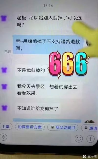 图片展示了一段电商客服聊天记录截图。顾客询问老板：“吊牌给别人剪掉了可以退吗？”，客服回复：“宝~吊牌剪掉了不支持退货退款哦,”（已读）。顾客接着解释：“不是我剪掉的 我今天去景区，想着试穿出去看看效果。不知道谁给我剪掉了”。聊天界面中间有一个彩色闪光的“666”贴纸，右下角有一只黄色手形图标指向客服回复。整体内容通过顾客略显牵强的退货理由和“666”贴纸的调侃，营造出幽默讽刺的效果，反映了网购中常见的售后纠纷场景。