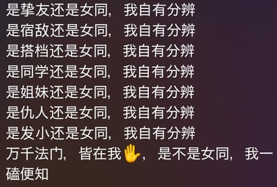 这是一张纯文字类网络梗图，以重复的排比句式列举了挚友、宿敌、搭档、同学、姐妹、仇人、发小等多种不同的人际关系，每一句都以“是XX还是女同，我自有分辨”收尾，最后用“万千法门，皆在我👋，是不是女同，我一磕便知”作为总结，搭配一个举手的emoji，生动地调侃了当下网络中热衷于在各类人际关系里挖掘、磕女性同性CP的趣味文化，整体语言诙谐搞笑，精准贴合了部分网友热衷于磕同性CP的心态，没有双关、谐音梗等特殊修辞，仅围绕磕CP的趣味展开。