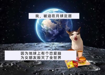 这是一张经过合成创作的搞笑网络梗图，画面场景设定在布满陨石坑的月球表面，远处的星空中悬挂着蓝色的地球。一只表情夸张、嘴巴大张的猫咪坐在月球上，面前摆放着乐事薯片、奇多零食、汉堡和带吸管的饮料等快餐食物。图中配有两段自述式文字，上方文字为“我，被迫在月球定居”，下方文字为“因为地球上有个恋爱脑 为女朋友毁灭了全世界”，通过极端化的荒诞剧情，夸张地吐槽那些为了恋爱不顾一切的“恋爱脑”行为，用幽默的方式引发网友对这类行为的共鸣与调侃。