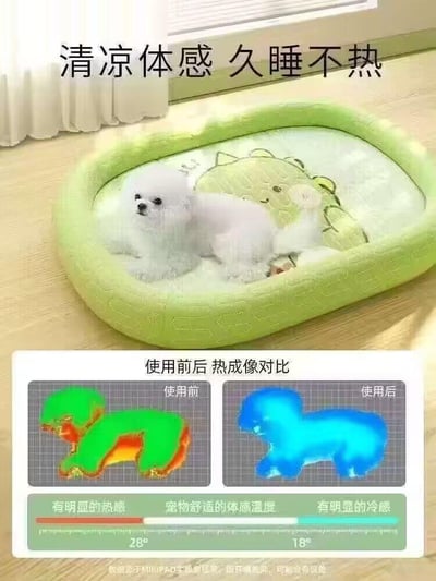 这是一张宠物清凉降温床的广告图片。上方是一只白色小型犬趴在浅绿色宠物床上，床面有卡通恐龙图案，上方文字标注“清凉体感 久睡不热”。下方为使用前后热成像对比图：左侧“使用前”显示宠物身体有橙色热感区域（28°C），标注“有明显的热感”；右侧“使用后”呈蓝色冷感区域（18°C），标注“有明显的冷感”和“宠物舒适的体感温度”，直观展示产品降温效果。