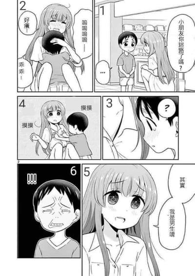 这是一组黑白漫画风格的连环图，共6个 panels，讲述了一个温馨又带点搞笑的小故事。Panel 1中，长发女孩在室内场景（疑似商店）中 kneeling 询问短发小孩：“小朋友你迷路了嗎？”；Panel 2里，小孩低头哭泣“嗚嗚嗚...”，女孩抱着他轻声安慰“好漂...”“乖乖...”；Panel 3是小孩抬头的特写，脸上带着疑惑的问号；Panel 4中女孩轻拍小孩说“摸摸”；Panel 5女孩表情惊讶，小孩则认真地说“其实我是男生唷”；Panel 6是小孩震惊的脸部特写，背景为黑色，配有“!!!”符号。整体通过对话气泡推进剧情，核心是女孩因小孩外貌误认其性别而产生的温馨小误会。