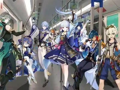 这是一张二次创作的合成静态图，将米哈游游戏《原神》中多个配色以蓝色、冷色系为主的游戏角色，通过抠图合成的方式放到真实的地铁车厢场景中。图中的角色姿态各不相同，有的抓握地铁扶手、有的靠在立柱旁、有的呈站立或就坐姿势，排布在地铁车厢的不同位置，营造出这些游戏角色共同乘坐地铁的趣味效果，创意感十足。