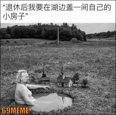 这张梗图通过画面幽默地表达了“梦想与现实的落差”。上方文字“退休后我要在湖边盖一间自己的小房子”，而画面下方却是一人泡在小泥坑边，小房子等也变成了微缩模型。理想与现实形成巨大反差，这种自我调侃十分贴近现代年轻人对生活的幽默。没有谐音梗，但讽刺意味明显。