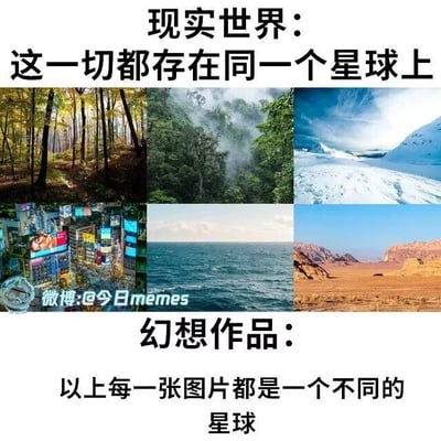 这是一张趣味对比梗图，整体采用上下配文+中间多图拼接的结构。顶部配文“现实世界：这一切都存在同一个星球上”，其下方排列了六张实拍风景图，分别为秋季阔叶树林、被云雾笼罩的绿色山林、极地冰雪地貌、灯光璀璨的繁华都市商圈、广阔的蓝色海洋、干旱的荒漠戈壁，涵盖了地球上完全不同的自然与人文地貌，凸显地球生态与景观的丰富多元。底部配文“幻想作品：以上每一张图片都是一个不同的星球”，调侃了大量幻想类文艺作品中世界观设定单一的常见情况，即仅单一地貌就被设定为一个独立星球的整体风貌，和现实中地球的多元景观形成反差笑点。