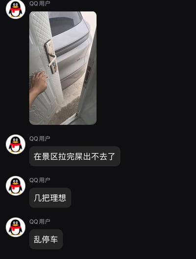这是一张QQ聊天界面的截图，发送者首先上传了实拍照片：景区公共厕所的向内开启的门，被门外违规停放的理想品牌SUV的车尾牢牢挡住，门仅能推开极窄的缝隙，拍摄者的手正扶在门把手上尝试开门，明显无法从缝隙中通行离开。随后发送者连续发送三条消息，依次为“在景区拉完屎出不去了”“几把理想”“乱停车”，愤怒吐槽车主乱停车的不文明行为，其中“几把理想”既用脏话表达不满情绪，也谐音双关指代堵门的车辆为理想汽车，充满无奈和调侃的意味。
