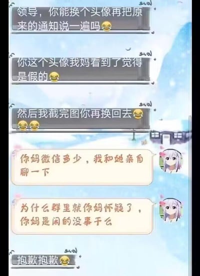 这是一段充满反差感的职场搞笑微信聊天记录：员工因为母亲怀疑领导的二次元头像对应的账号是假的，请求领导更换头像重发通知，截图后再换回去。没想到领导直接回怼，提出要加员工母亲微信亲自沟通，还吐槽只有员工母亲怀疑是不是闲得慌，最后员工连忙道歉。领导的硬核回怼和员工的社死道歉形成强烈反差，制造出搞笑的效果，对话中没有双关、谐音梗或暗示内容。