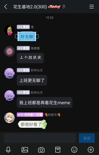 这是一张名为“花生基地2.0(300)”的群聊截图，群内成员围绕“无聊”展开了轻松的日常对话：成员“南”先发消息感慨“好无聊”，成员“路鹿露”提议“上个班试试”，成员“射命丸文”随即吐槽“上班更无聊了”，还补充说自己上班时都在看花生meme，最后成员“知更鸟”回应“那很好看了”。整个对话体现了当代职场人对上班的倦怠感和摸鱼日常，是群聊里典型的轻松互动场景。