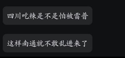 这是一张竖屏的聊天记录截图，图中包含两行纯文字内容：
1. 四川吃辣是不是怕被雷普
2. 这样南通就不敢乱进来了
这是玩了谐音梗和无厘头的地域调侃，“雷普”是“离谱”的谐音，用完全不符合逻辑的因果关系，调侃四川吃辣的原因是为了阻止南通相关的玩笑内容，属于网友创作的搞笑段子。