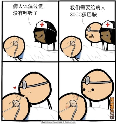 这是一张经过中文翻译的四格连环漫画，出自《氰化欢乐秀》，讲述了一个荒诞的医疗急救笑话：
1. 第一格：护士发现病人体温过低、失去呼吸，焦急向医生汇报；
2. 第二格：医生严肃下令，要给病人注射30CC多巴胺；
3. 第三格：医生却执行了亲吻病人的动作，画面还冒出爱心；
4. 第四格：病人被亲后泛起红晕，医生一脸满足。

**谐音梗说明**：中文里“多巴胺”的发音和“多亲他”谐音，医生错误地将药物治疗指令理解为亲吻病人，制造出专业医疗场景和荒诞行为的强烈反差，形成搞笑效果。