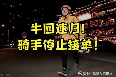 图片中一名穿着黄色外套、戴着头盔的外卖骑手在夜间街道上奔跑，背景是挂有红色灯笼的传统中式建筑。画面中央有醒目的黄色大字：“牛回速归! 骑手停止接单!”，幽默地将外卖骑手停止接单与股市“牛市回归”的期盼结合，暗示骑手可能因牛市到来而暂停工作参与投资。