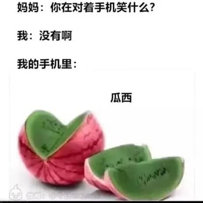 图片上方是妈妈与“我”的对话：妈妈问“你在对着手机笑什么？”，“我”否认说“没有啊”，下方“我的手机里”则展示了一个被掰开的西瓜，瓜瓤部分用绿色文字写着“瓜西”。通过对话与画面的反差制造幽默，暗示“我”其实在笑手机里这个有趣的“瓜西”西瓜。