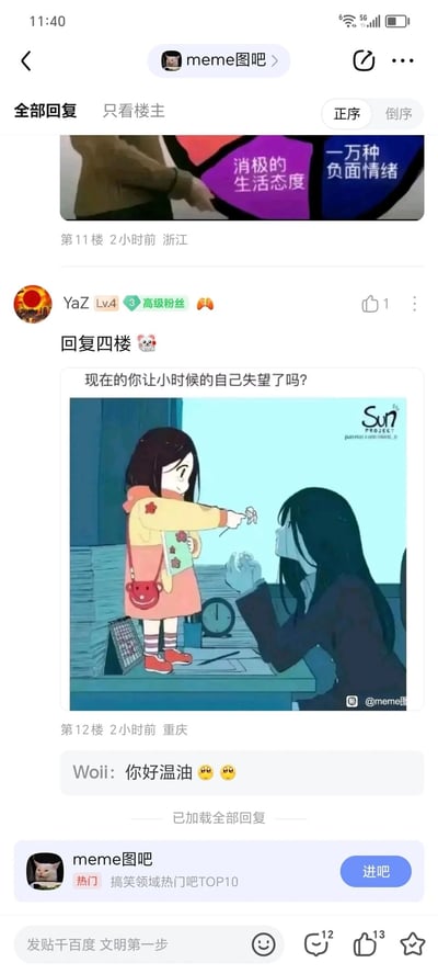 这是百度贴吧“meme图吧”内的一条楼层回复，用户YaZ（Lv.4高级粉丝）在第12楼回复四楼用户，发布了一张带有情感共鸣属性的卡通插画，插画上方配文“现在的你让小时候的自己失望了吗？”。插画呈现了两个形象：童年时期的自己穿着色彩鲜艳的可爱童装，站在堆满文件的办公桌上，面带温和的笑容，向对面递出一朵小花；而身为职场人的现在的自己，穿着深色职业装，神情疲惫地坐在办公桌前，伸手去承接这朵来自童年的花。在这条回复下方，有用户Woi评论“你好温油”表达感受；在该回复上方的第11楼，还有一张带有“消极的生活态度”“一万种负面情绪”文字的图，整体内容围绕职场人的精神状态、成长过程中的自我审视展开，容易引发用户关于成长、职场压力的情感共鸣。