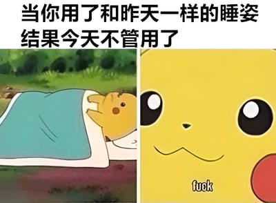 图片上方配有文字“当你用了和昨天一样的睡姿 结果今天不管用了”，下方分为左右两部分。左侧是动画角色皮卡丘在户外草地上盖着蓝色毯子熟睡的场景，右侧是皮卡丘的面部特写，表情平静，嘴角下方有“fuck”字样。整体通过可爱角色与直白文字的反差，幽默表达了睡眠质量不稳定的日常烦恼。