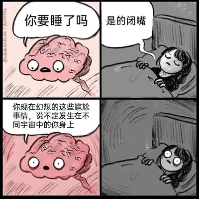 四格连环漫画描绘了深夜失眠场景：第一格粉色拟人化大脑睁着大眼睛问“你要睡了吗”；第二格床上的人闭眼皱眉回应“是的闭嘴”；第三格大脑继续说“你现在幻想的这些尴尬事情，说不定发生在不同宇宙中的你身上”；第四格原本闭眼的人瞬间睁大眼睛，表情惊恐。漫画通过夸张的拟人化大脑和失眠者的互动，幽默展现了人们睡前常因回想尴尬往事而无法入睡的普遍经历，用平行宇宙的设定放大了大脑对睡眠的“干扰”效果，引发共鸣。