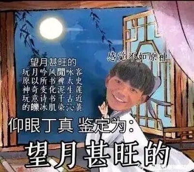 这是一张网友创作的合成梗图，将丁真的面部图像P到古装人物的身体上，背景是月夜下的古式窗棂场景。图中包含竖排藏头文字：“望月甚旺的 玩月吟风閒咏客 原以所书裨太史 神奇变化泥生莲 玩意诗书千古近 的蝶冰肌染沁黄”，这些文字的首字连起来是“望月原神玩的”；右上角配有文字“感觉不如原神”，底部则是丁真梗的经典句式“仰眼丁真 鉴定为：望月甚旺的”。
梗点说明：利用藏头诗的形式玩文字游戏，结合“丁真鉴定”的梗模板和“感觉不如原神”的网络调侃，形成对原神游戏的趣味玩梗，整体风格戏谑搞笑。
